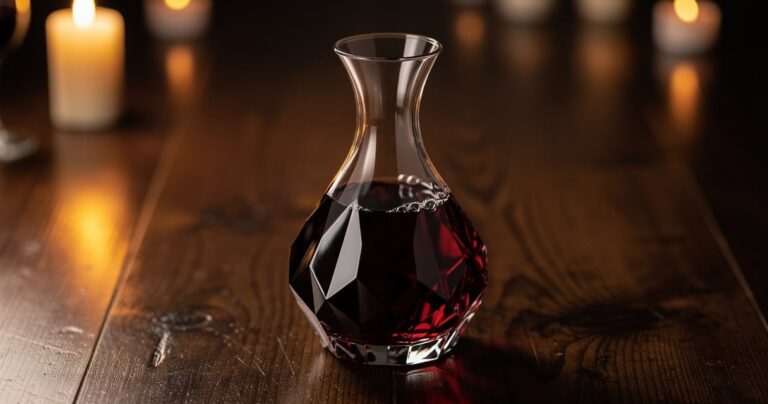 Carafe en cristal remplie de vin rouge posée sur une table en bois