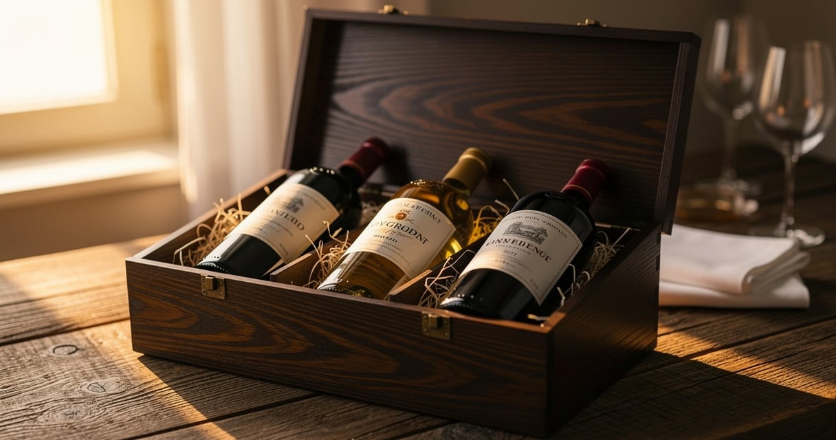 Coffret dégustation vin en bois ouvert avec trois bouteilles françaises sur table en chêne