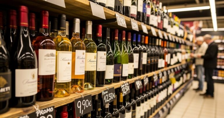 Rayon de foire aux vins en grande distribution avec etiquettes promotionnelles