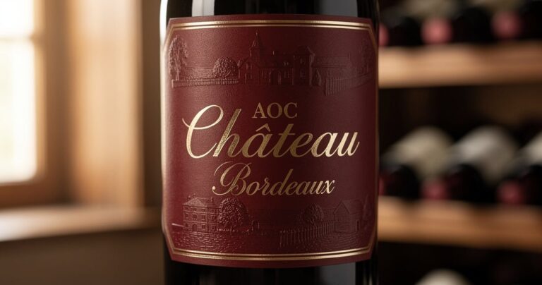 Gros plan sur l'étiquette d'une bouteille de vin de Bordeaux avec mention AOC