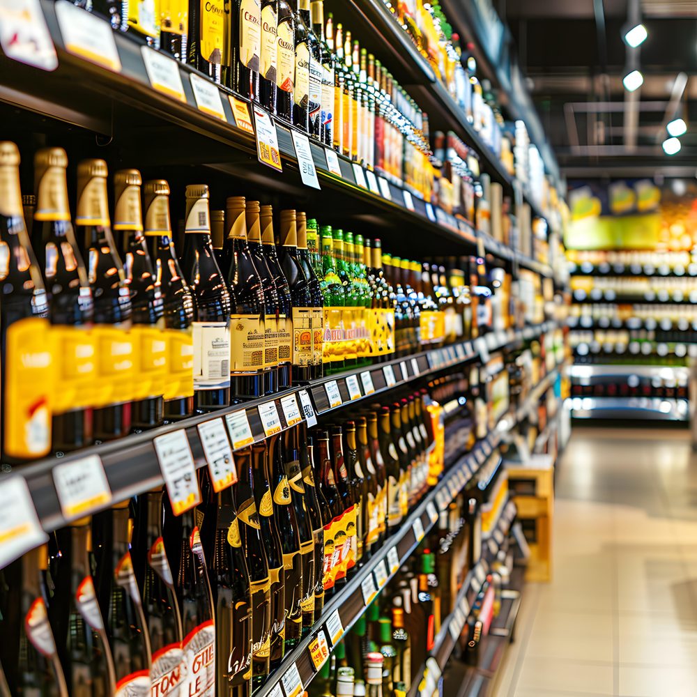 Bouteilles de vin, bière et spiritueux alignées sur les étagères d’un magasin espagnol près de la frontière.