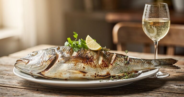 Poisson grillé accompagné d'un verre de vin blanc sur une table en bois