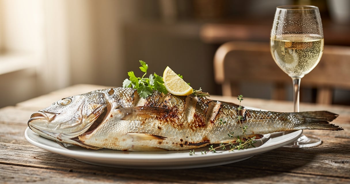 Poisson grillé accompagné d'un verre de vin blanc sur une table en bois