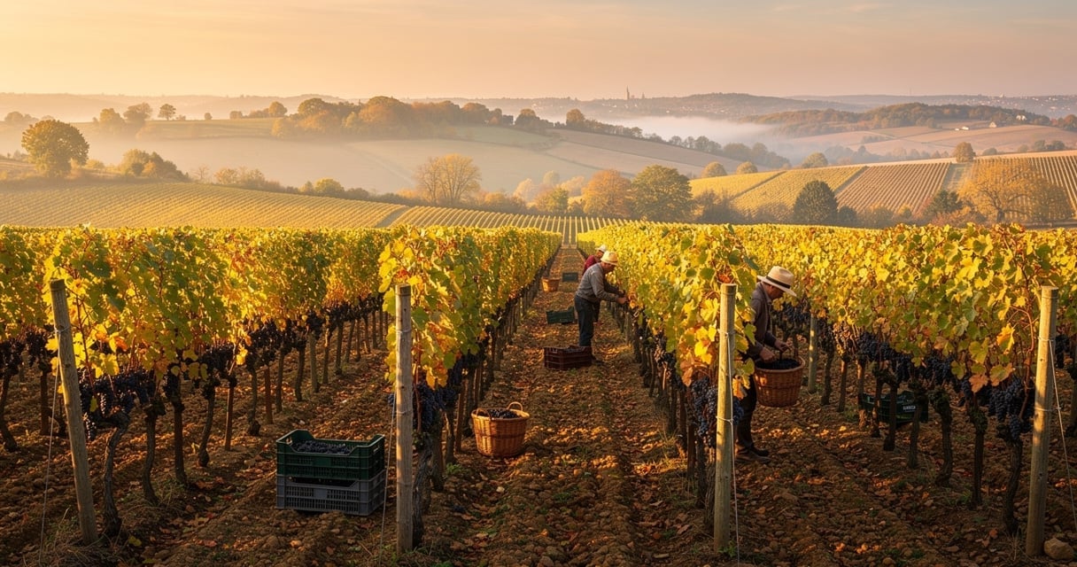 Vignoble français pendant les vendanges au soleil couchant, rangées de vignes chargées de raisins