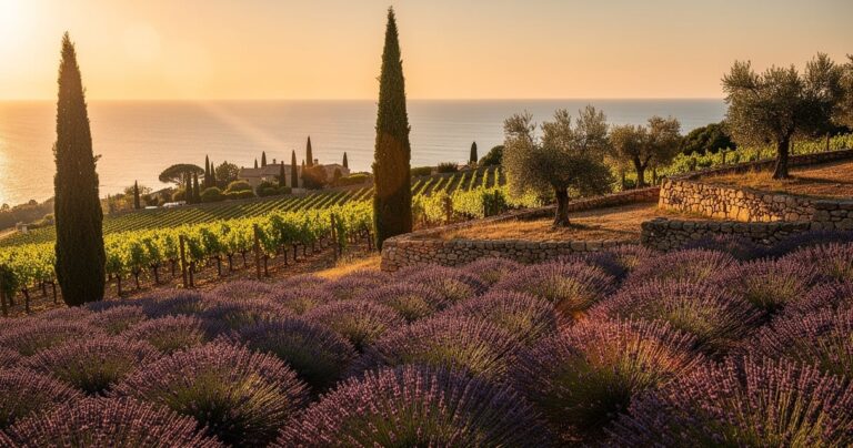 Vignoble de Provence au coucher du soleil avec champs de lavande et mer Méditerranée