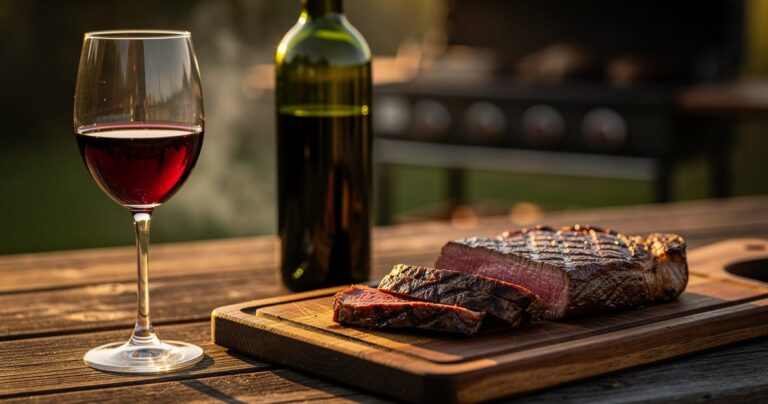 Verre de vin rouge à côté d'une entrecôte grillée sur planche de bois au barbecue