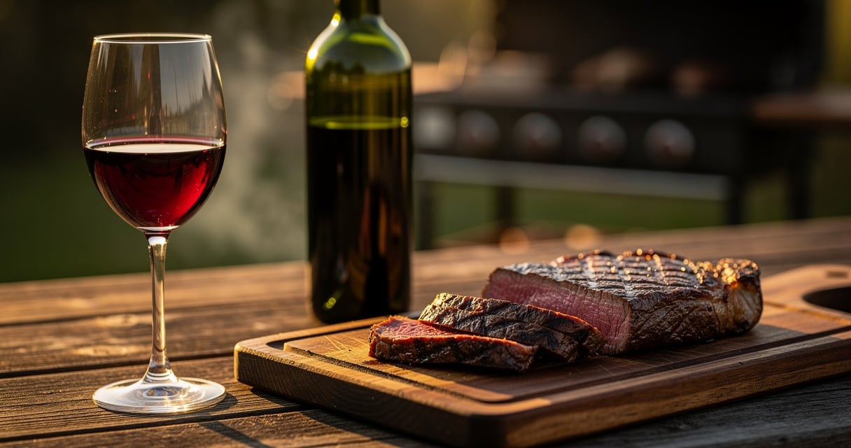 Verre de vin rouge à côté d'une entrecôte grillée sur planche de bois au barbecue