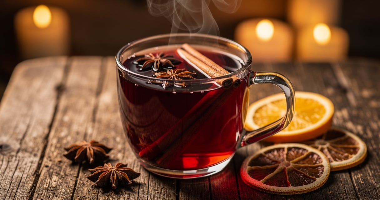 Tasse de vin chaud fumant avec des bâtons de cannelle et de l'anis étoilé
