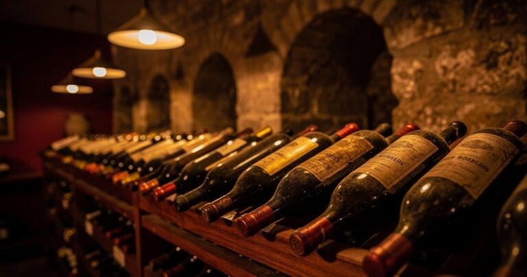 Cave a vin de garde avec bouteilles de grands crus de Bordeaux posees sur des etageres en chene