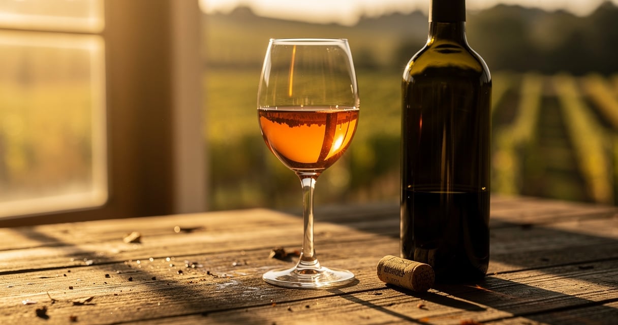 Verre de vin orange aux reflets cuivrés posé sur une table en bois