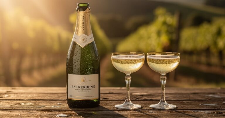 Bouteille de vin pétillant naturel sur une table en bois avec deux coupes