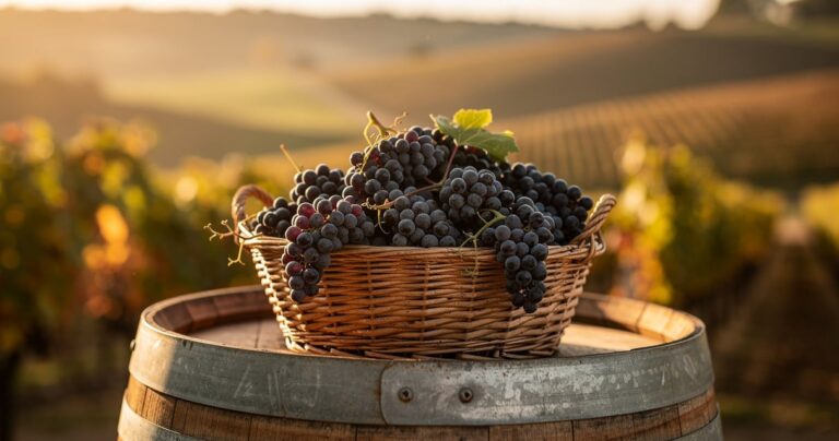 Grappes de raisin gamay fraîchement vendangées dans un panier en osier sur un tonneau, vignoble du Beaujolais en automne