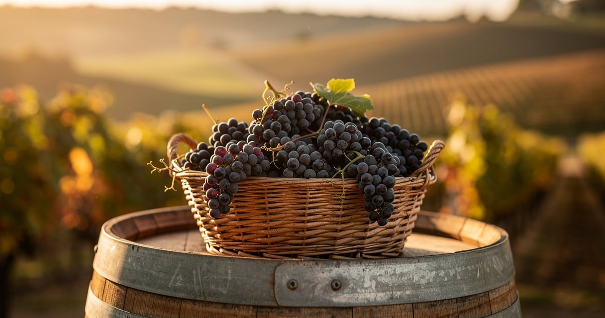 Grappes de raisin gamay fraîchement vendangées dans un panier en osier sur un tonneau, vignoble du Beaujolais en automne