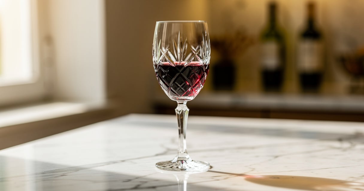 Verre de vin sans alcool rouge posé sur un comptoir en marbre