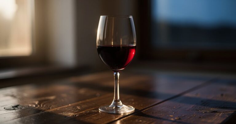 Verre de vin rouge posé sur une table en bois en fin de journée