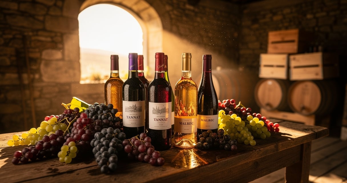 Bouteilles de vins du Sud-Ouest dans une cave rustique avec grappes de raisin